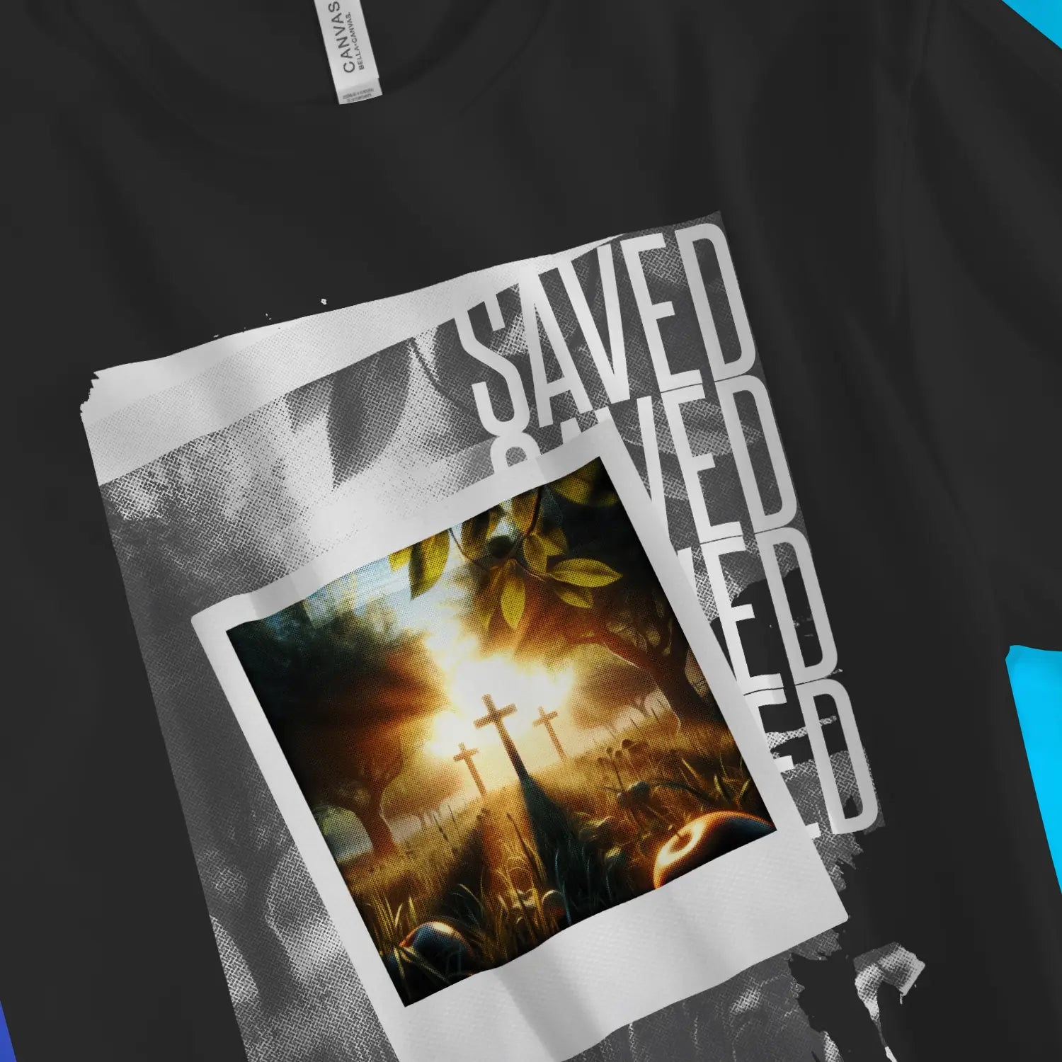 Saved (Photographic) | Premium Unisex Christian T-Shirt, laid flat, designed by 3rd Day Christian Clothing UK