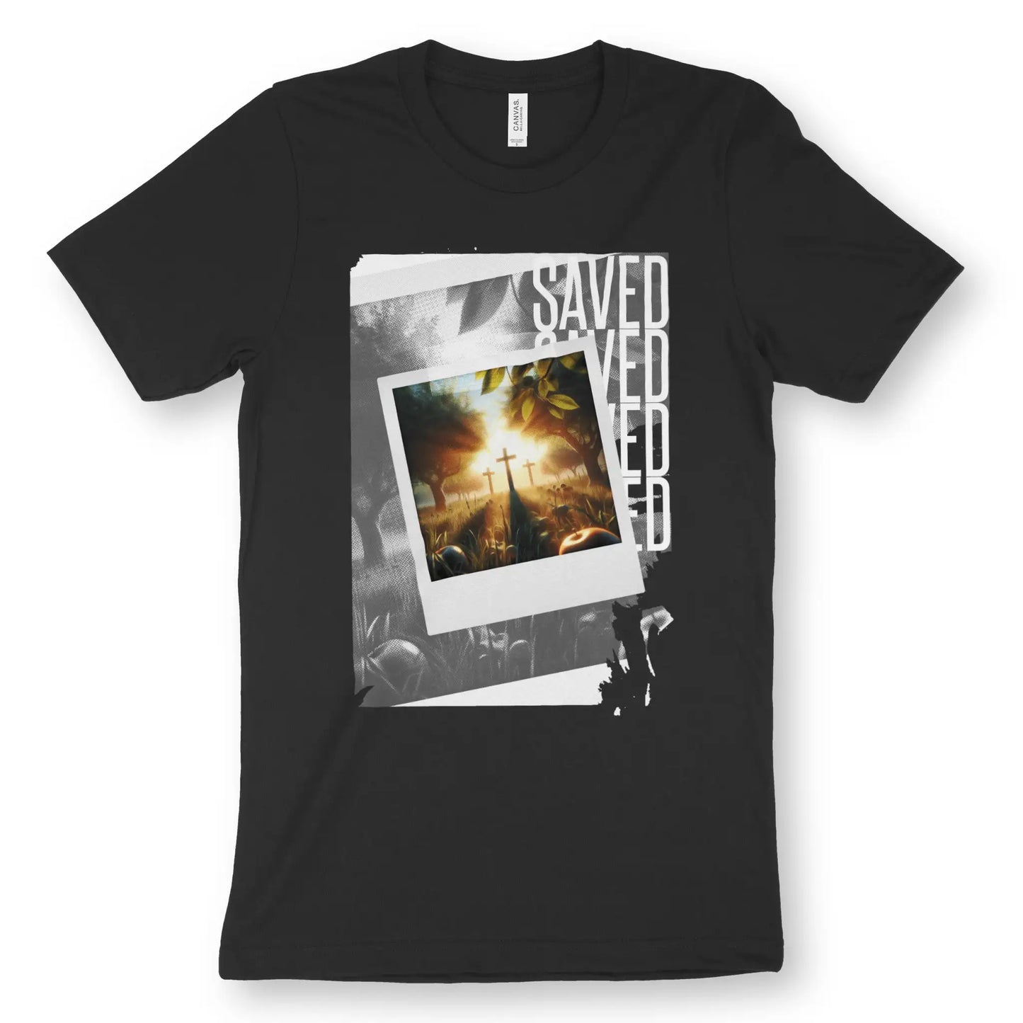 Saved (Photographic) | Premium Unisex Christian T-Shirt, laid flat, designed by 3rd Day Christian Clothing UK