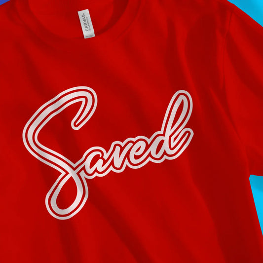 An image of Saved (Script) | Premium Unisex Christian T-shirt available at 3rd Day Christian Clothing UK