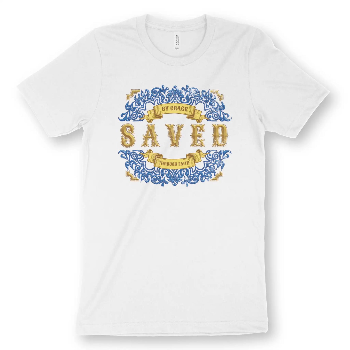 Saved (Stylish) | Premium Unisex Christian T-Shirt, laid flat, designed by 3rd Day Christian Clothing UK