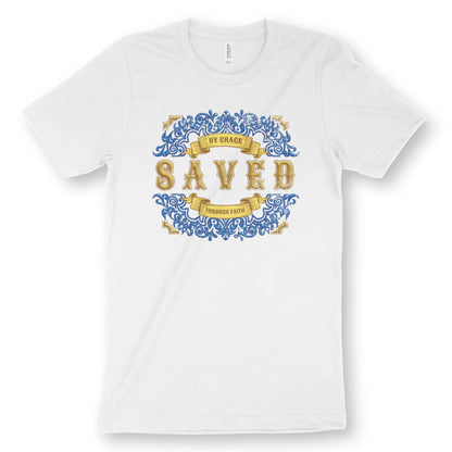 Saved (Stylish) | Premium Unisex Christian T-Shirt, laid flat, designed by 3rd Day Christian Clothing UK