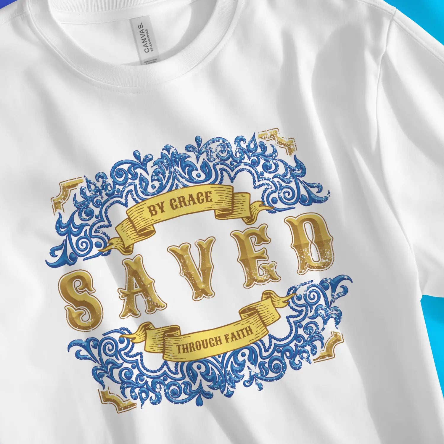 Saved (Stylish) | Premium Unisex Christian T-Shirt, laid flat, designed by 3rd Day Christian Clothing UK