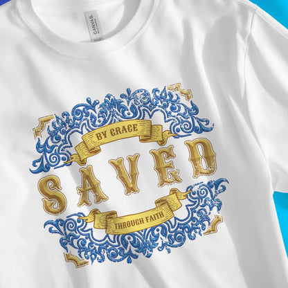 Saved (Stylish) | Premium Unisex Christian T-Shirt, laid flat, designed by 3rd Day Christian Clothing UK