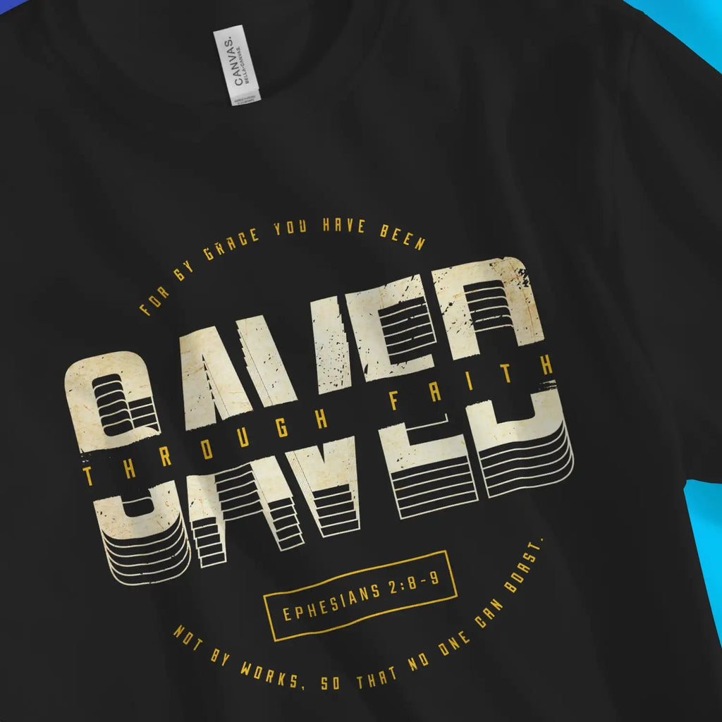 Saved (Ephesians 2:8-9) – Unisex Christian T-Shirt designed by 3rd Day Christian Clothing.