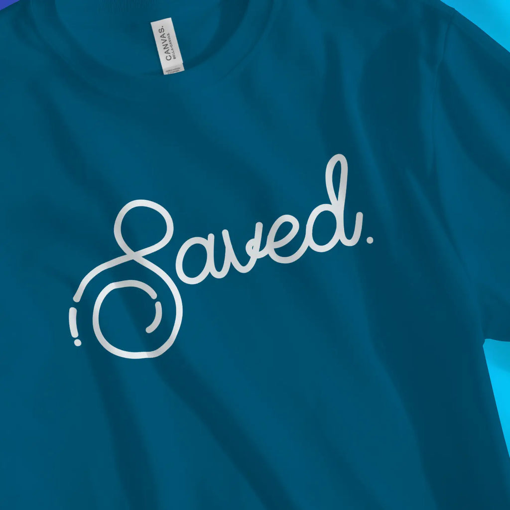 Saved (Stylish Script) – Unisex Christian T-Shirt designed by 3rd Day Christian Clothing.