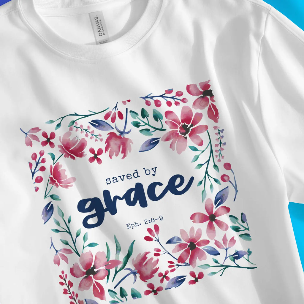 Saved By Grace (Floral) – Unisex Christian T-Shirt designed by 3rd Day Christian Clothing.