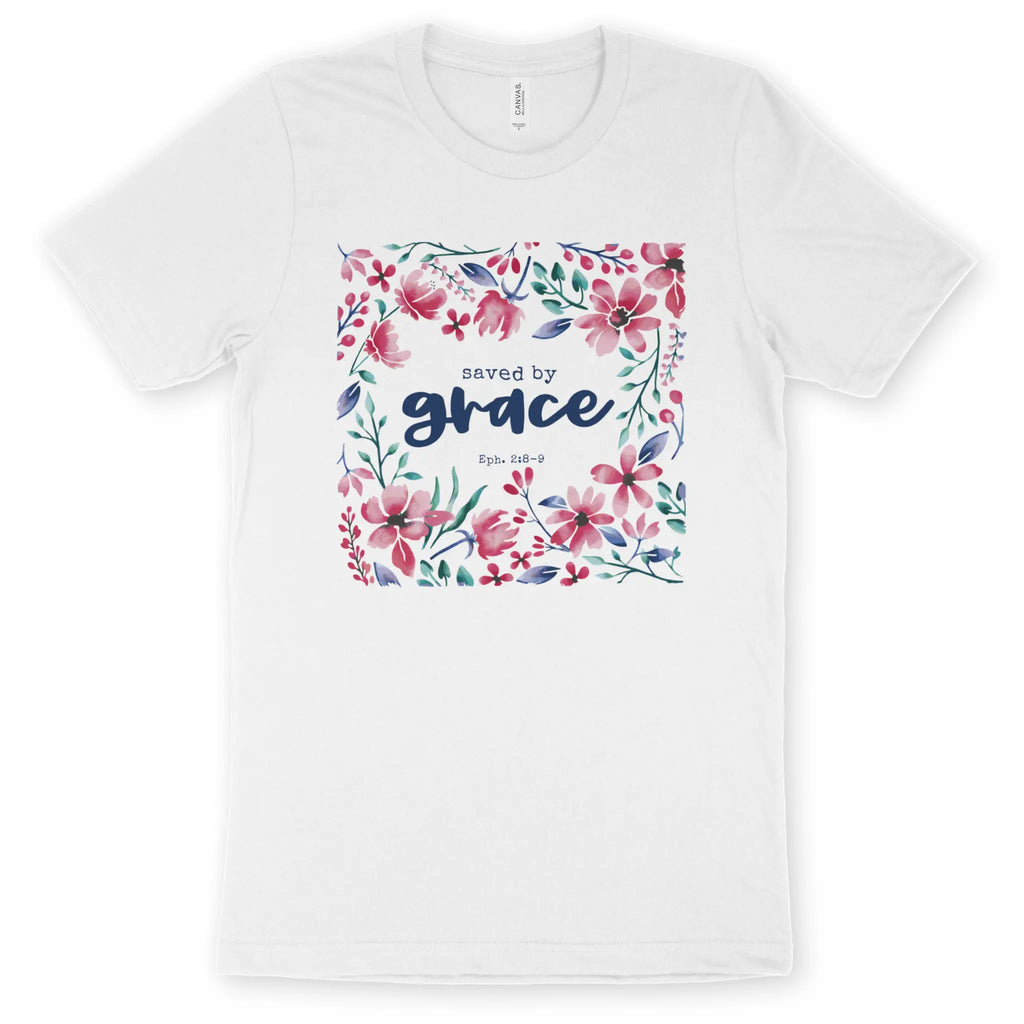 Saved By Grace (Floral) – Unisex Christian T-Shirt designed by 3rd Day Christian Clothing.