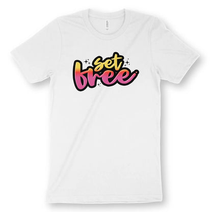 Set Free (Sparkle) | Premium Unisex Christian T-Shirt, laid flat, designed by 3rd Day Christian Clothing UK