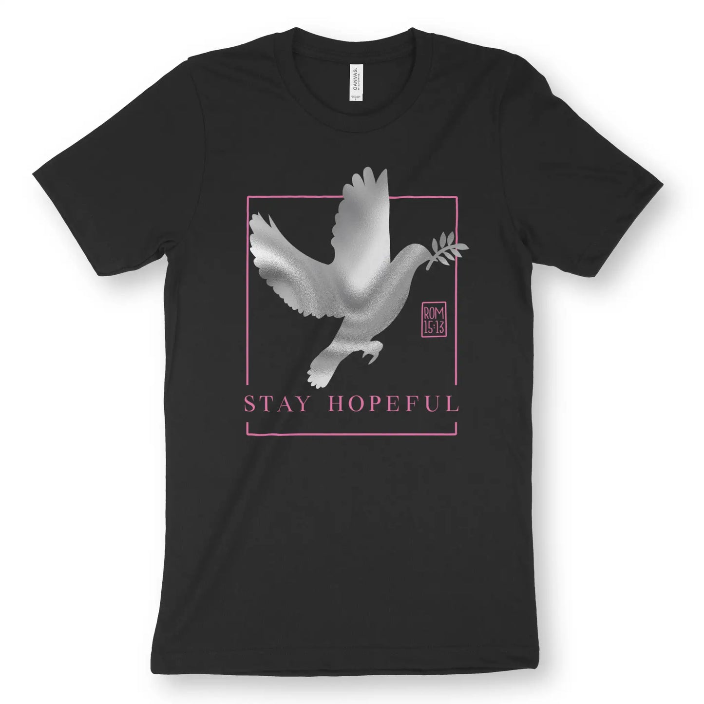 Stay Hopeful (Pink) | Premium Unisex Christian T-Shirt, laid flat, designed by 3rd Day Christian Clothing UK