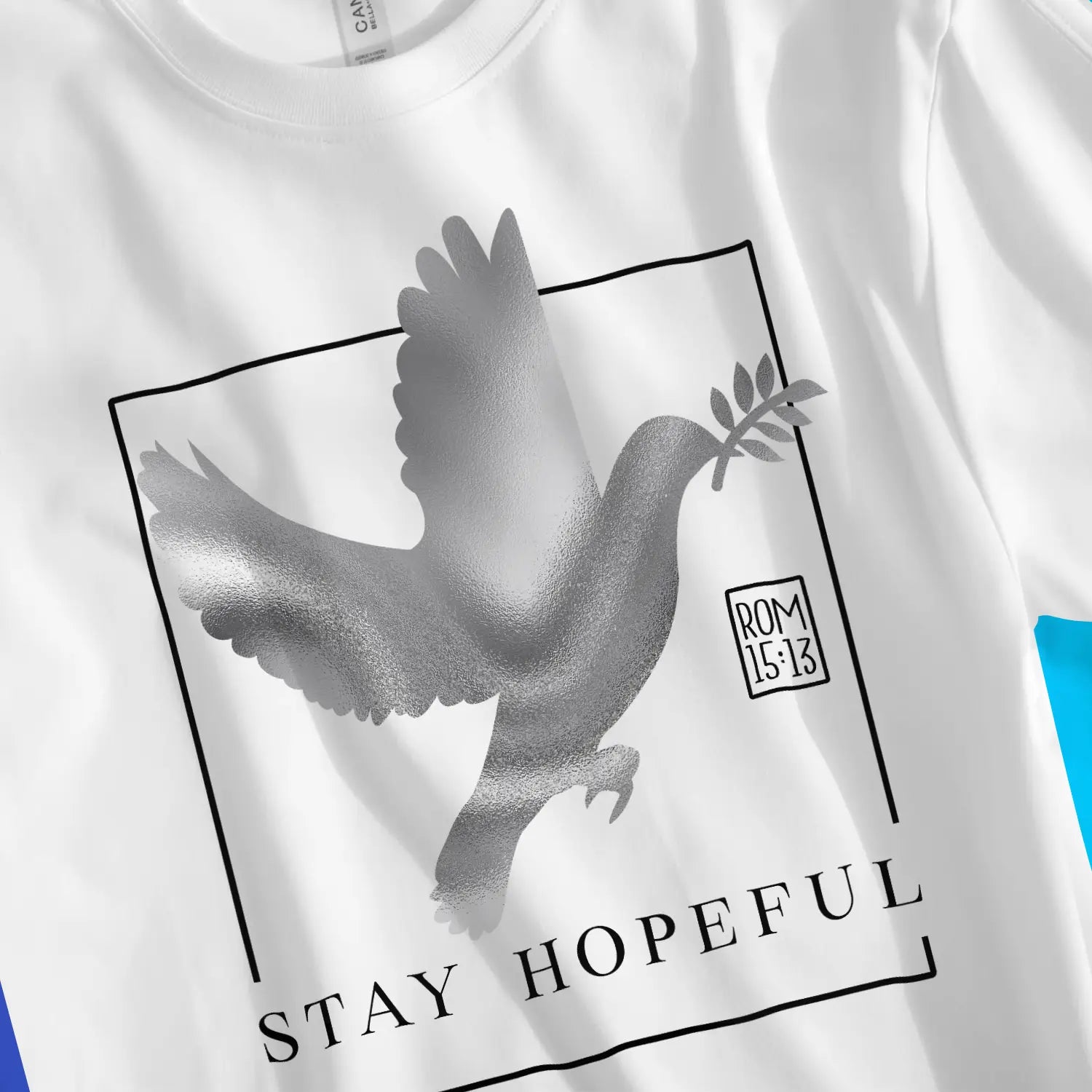 Stay Hopeful (Romans 15:13) | Premium Unisex Christian T-Shirt, laid flat, designed by 3rd Day Christian Clothing UK