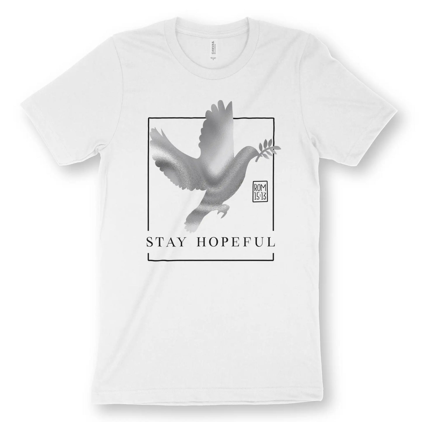 Stay Hopeful (Romans 15:13) | Premium Unisex Christian T-Shirt, laid flat, designed by 3rd Day Christian Clothing UK