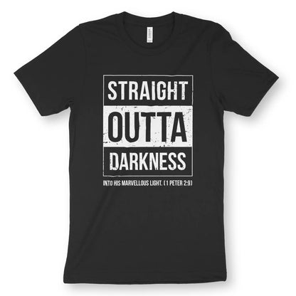 Straight Outta Darkness (1 Peter 2:9) | Premium Unisex Christian T-Shirt, laid flat, designed by 3rd Day Christian Clothing UK