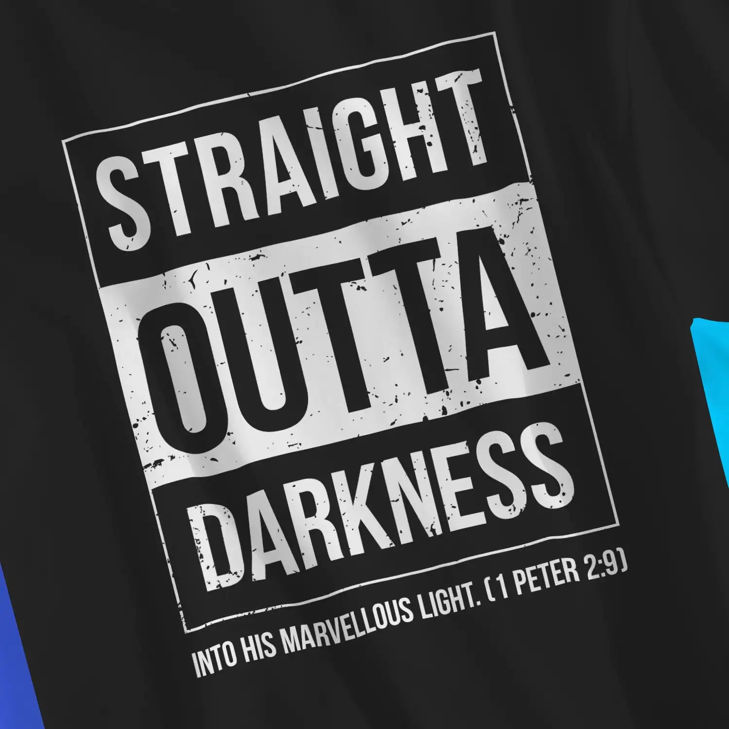 Straight Outta Darkness (1 Peter 2:9) | Premium Unisex Christian T-Shirt, laid flat, designed by 3rd Day Christian Clothing UK