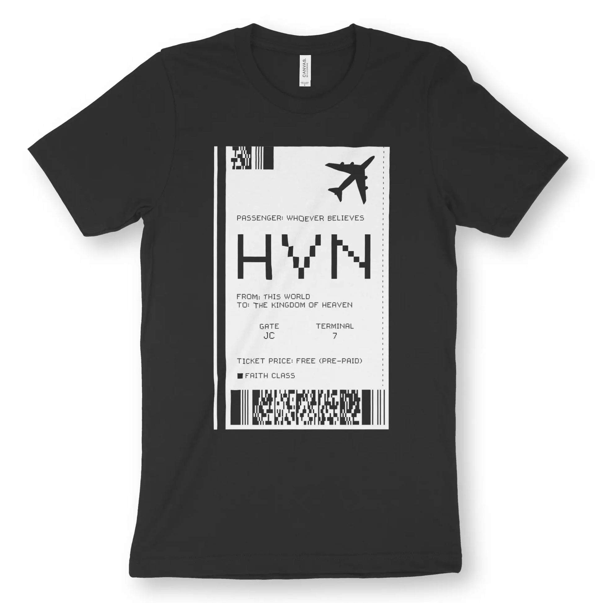 TICKET TO HEAVEN 2.0 | Premium Unisex Christian T-Shirt, laid flat, designed by 3rd Day Christian Clothing UK