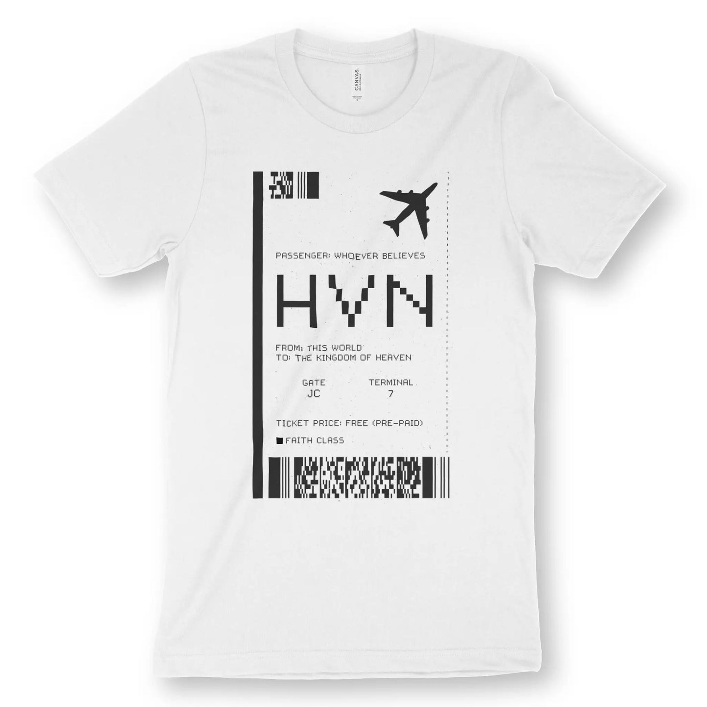 TICKET TO HEAVEN | Premium Unisex Christian T-Shirt, laid flat, designed by 3rd Day Christian Clothing UK