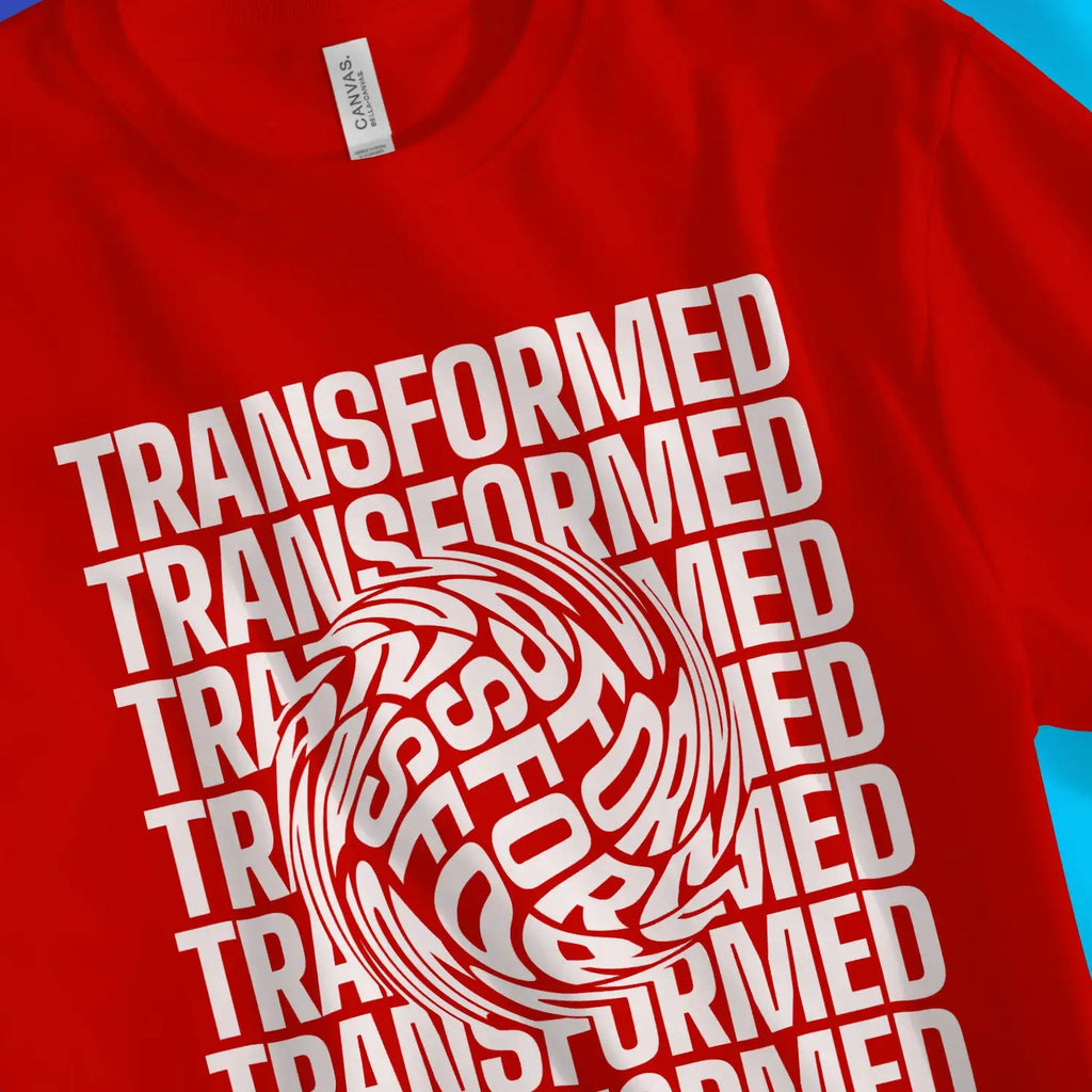 TRANSFORMED (2 Cor 3:18) – Unisex Christian T-Shirt designed by 3rd Day Christian Clothing.