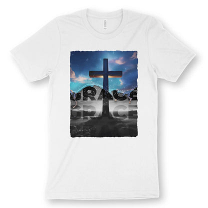 The Cross (Artwork) 2.0 | Premium Unisex Christian T-Shirt, laid flat, designed by 3rd Day Christian Clothing UK