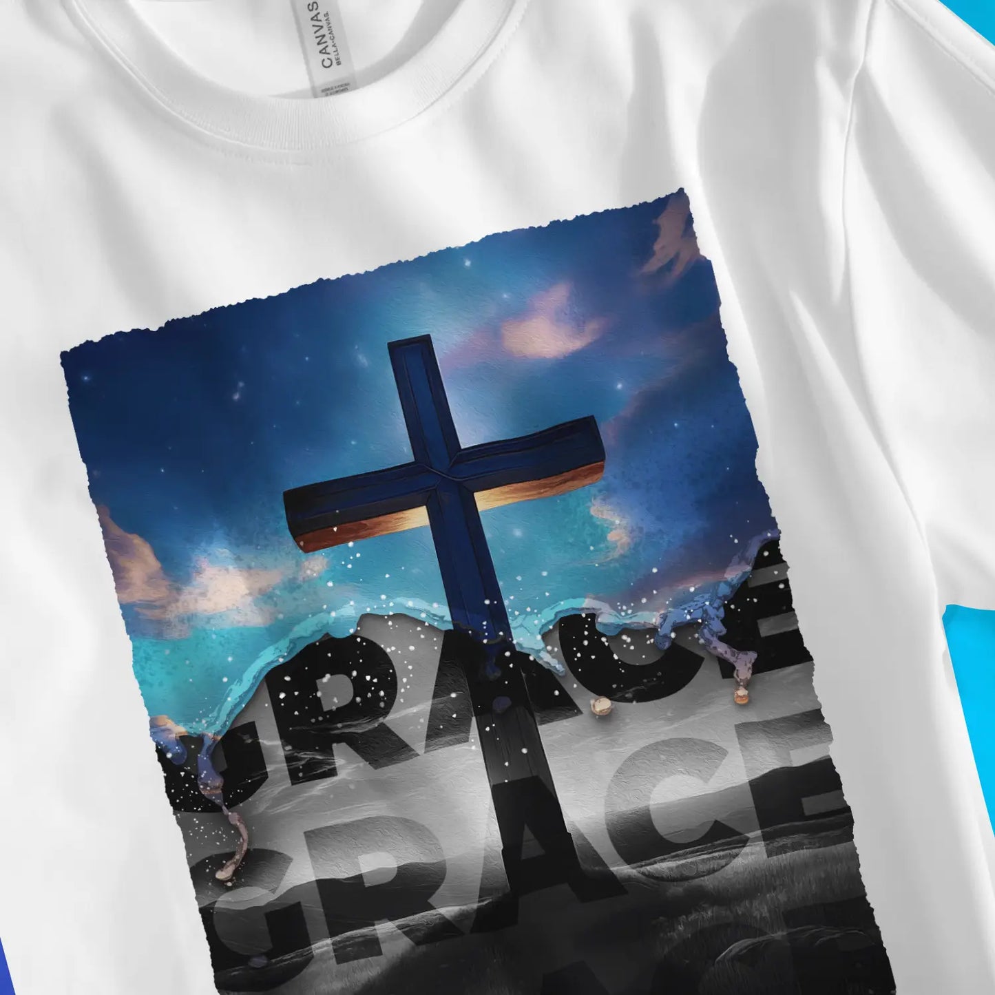 The Cross (Artwork) 2.0 | Premium Unisex Christian T-Shirt, laid flat, designed by 3rd Day Christian Clothing UK