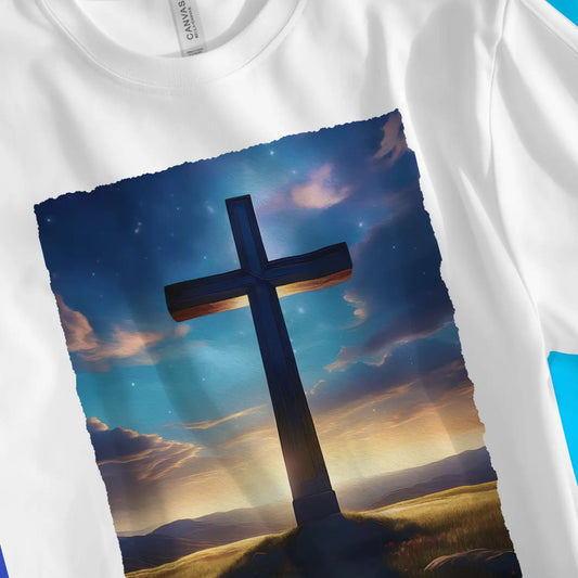 The Cross (Artwork) | Premium Unisex Christian T-Shirt, laid flat, designed by 3rd Day Christian Clothing UK