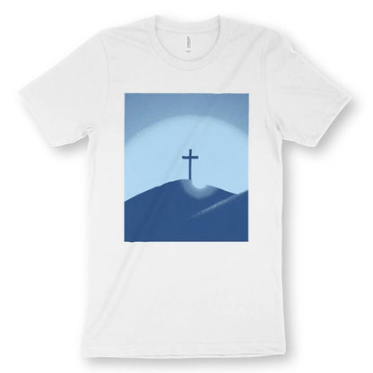 The Cross (Blue) | Premium Unisex Christian T-Shirt, laid flat, designed by 3rd Day Christian Clothing UK