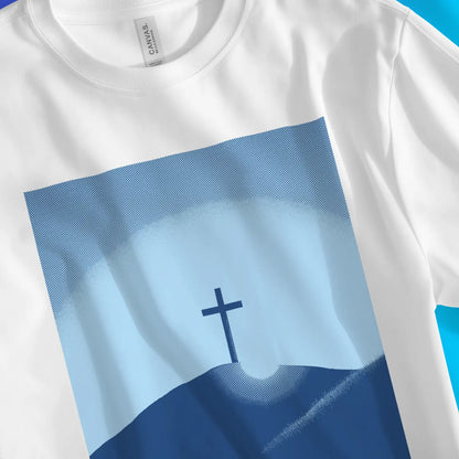 The Cross (Blue) | Premium Unisex Christian T-Shirt, laid flat, designed by 3rd Day Christian Clothing UK