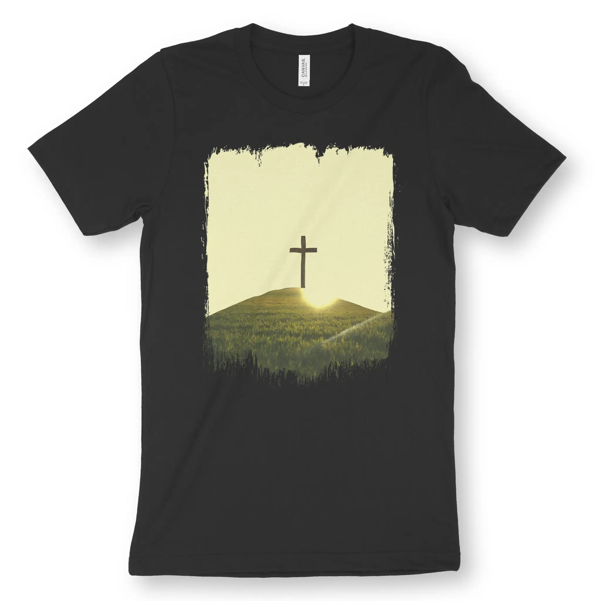 The Cross On A Hill | Premium Unisex Christian T-Shirt, laid flat, designed by 3rd Day Christian Clothing UK