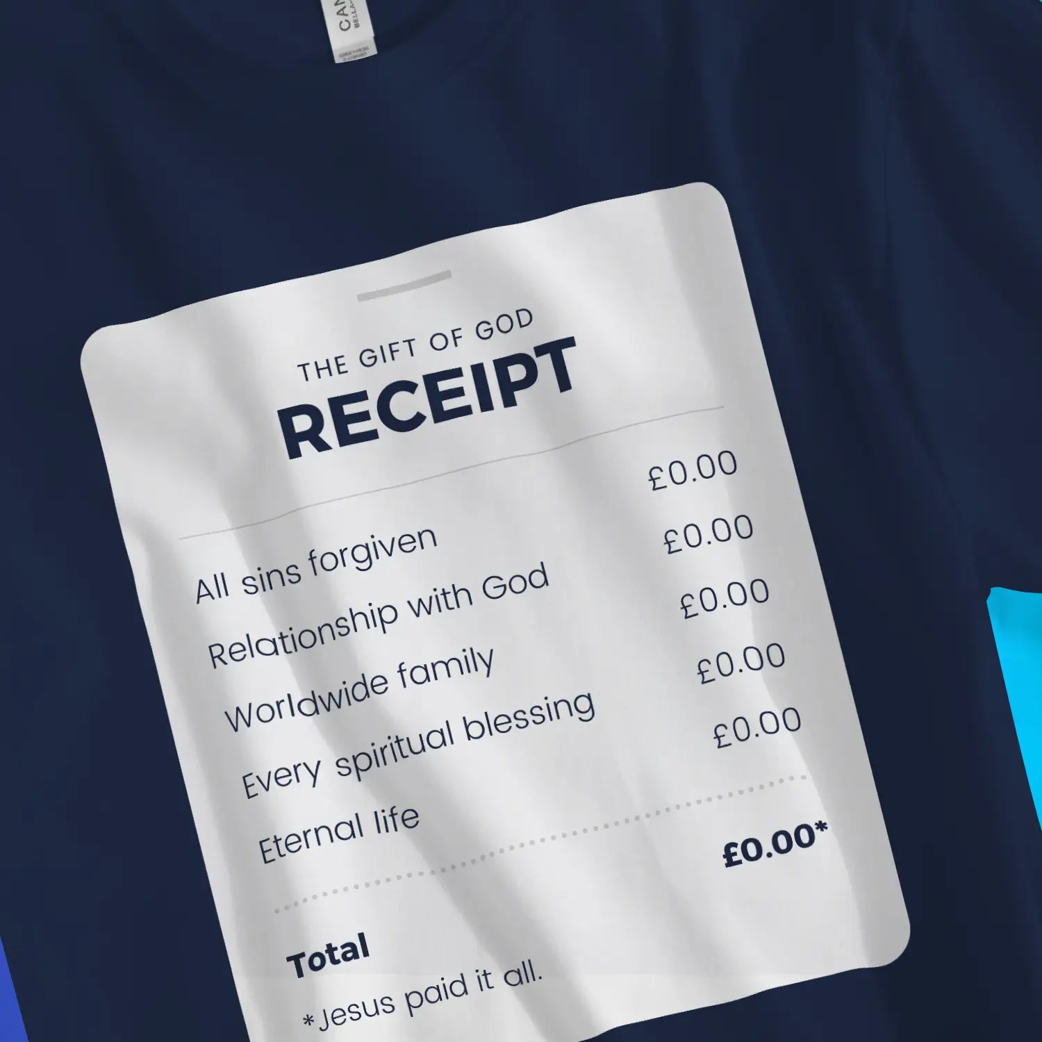 An image of The Gift of God Receipt (Navy) | Premium Unisex Christian T-shirt available at 3rd Day Christian Clothing UK