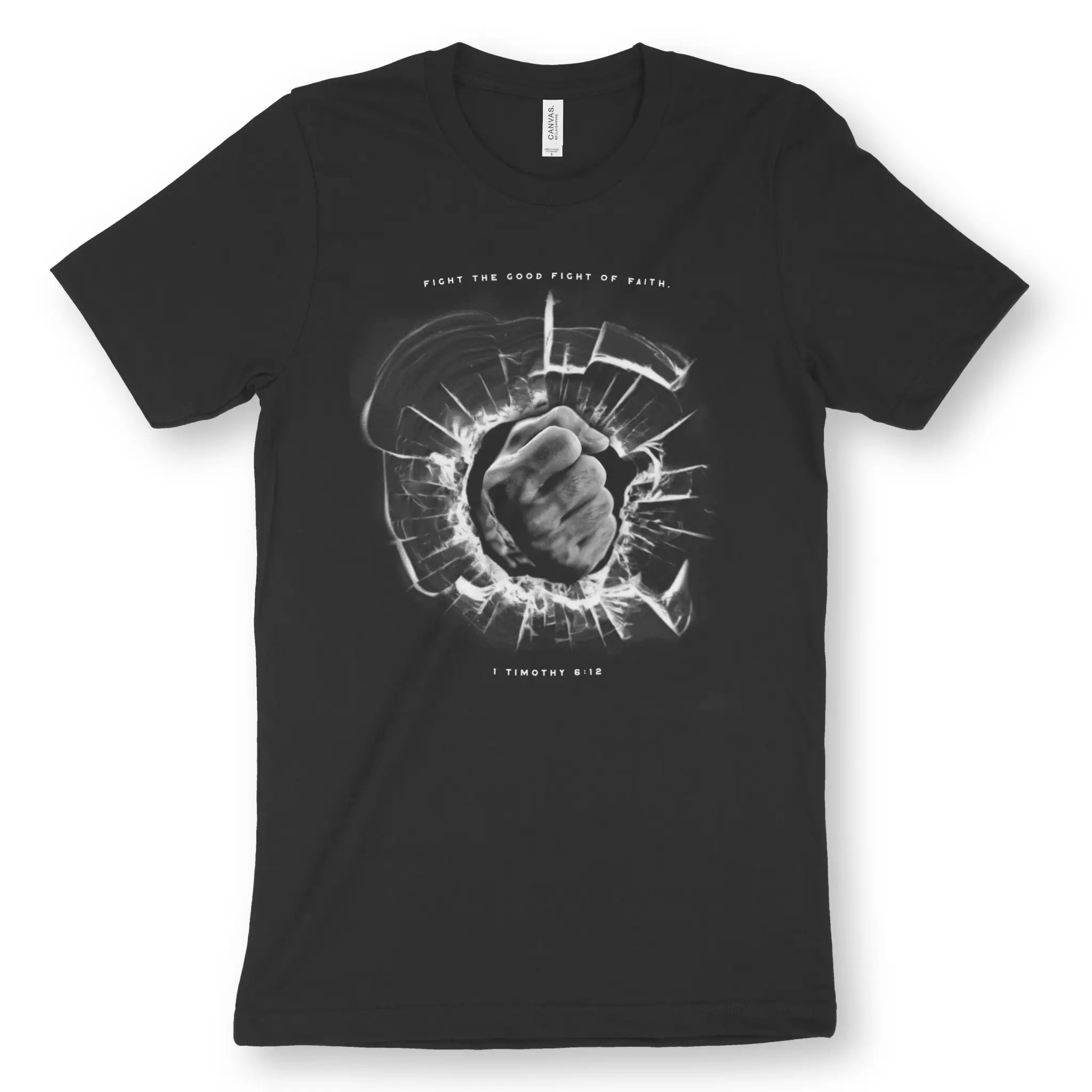 The Good Fight of Faith (1 Tim 6:12) – Unisex Christian T-Shirt designed by 3rd Day Christian Clothing.