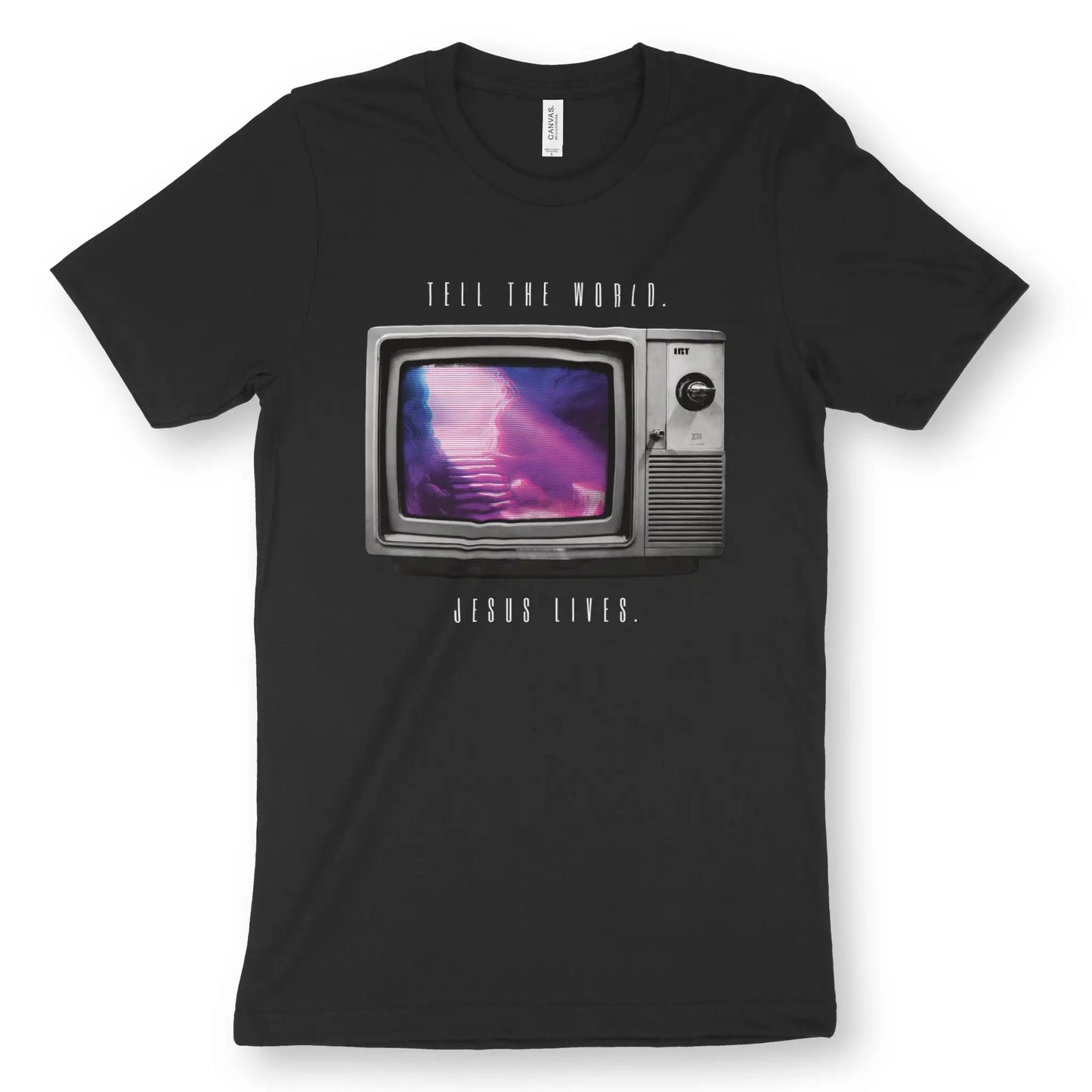 The Good News TV | Premium Unisex Christian T-Shirt, laid flat, designed by 3rd Day Christian Clothing UK