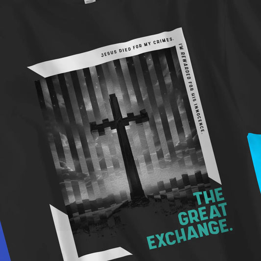 The Great Exchange | Premium Unisex Christian T-Shirt, laid flat, designed by 3rd Day Christian Clothing UK