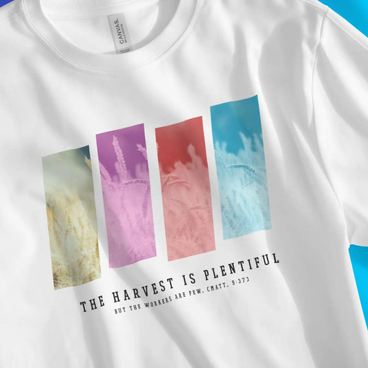 The Harvest Is Plentiful | Premium Unisex Christian T-Shirt, laid flat, designed by 3rd Day Christian Clothing UK