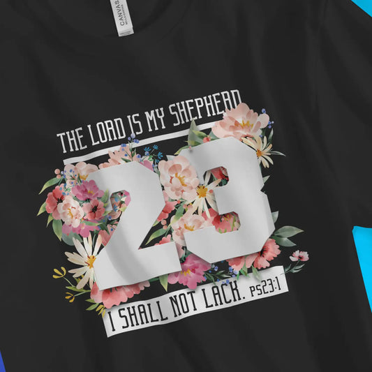 The Lord Is My Shepherd (Ps. 23) | Premium Unisex Christian T-Shirt, laid flat, designed by 3rd Day Christian Clothing UK