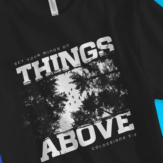 Things Above (Birds) | Premium Unisex Christian T-Shirt, laid flat, designed by 3rd Day Christian Clothing UK