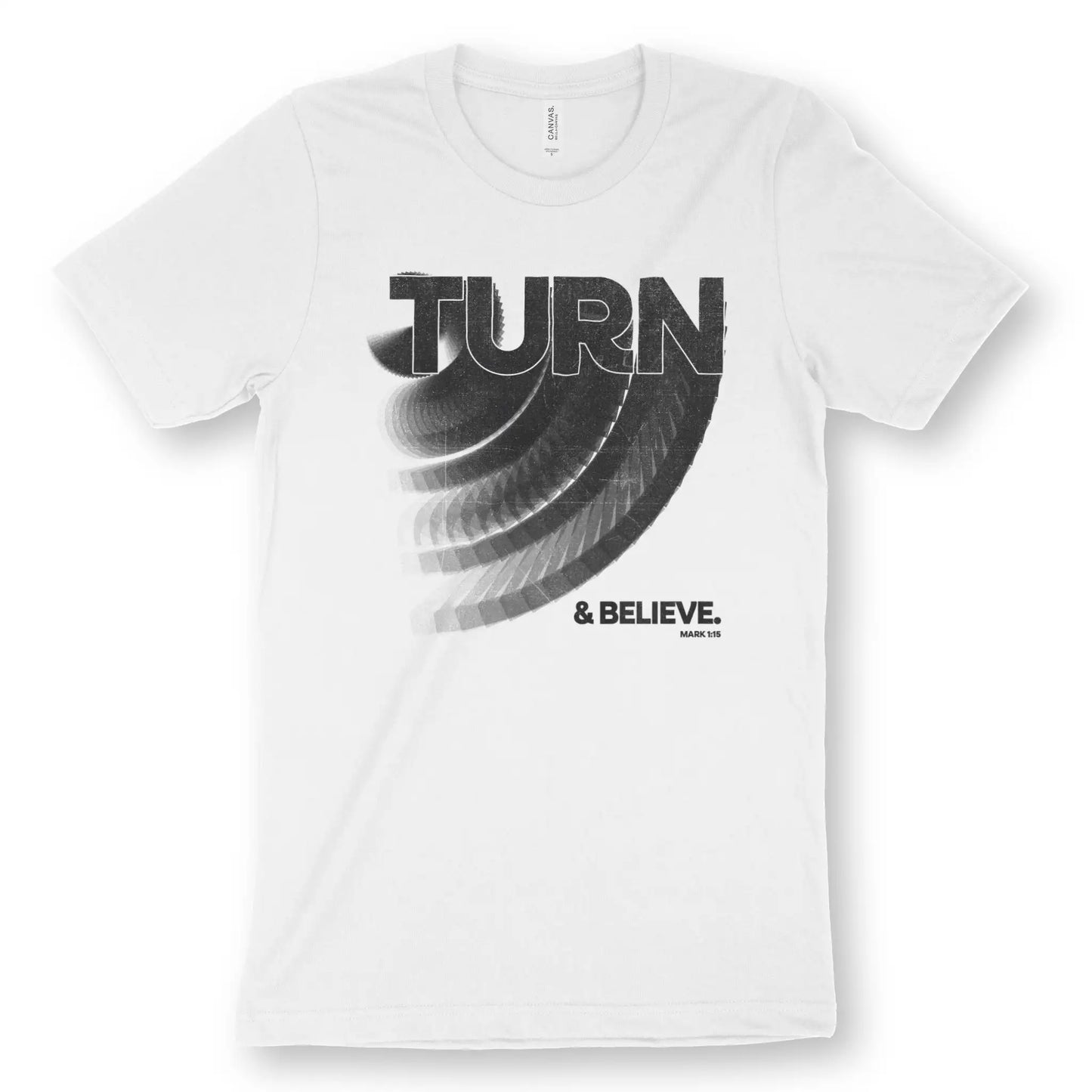 Turn & Believe (Mark 1:15) | Premium Unisex Christian T-Shirt, laid flat, designed by 3rd Day Christian Clothing UK