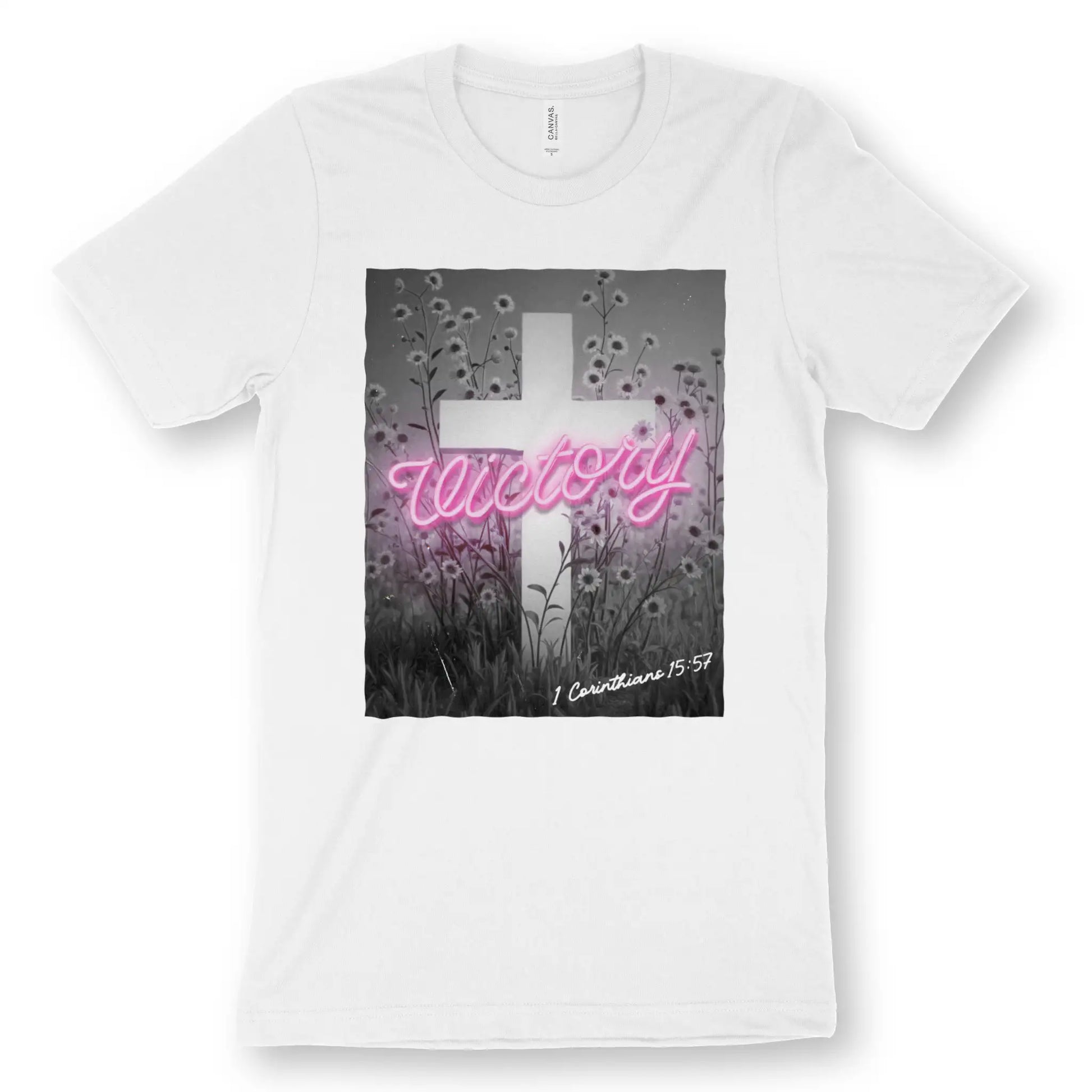 Victory (Neon) | Premium Unisex Christian T-Shirt, laid flat, designed by 3rd Day Christian Clothing UK