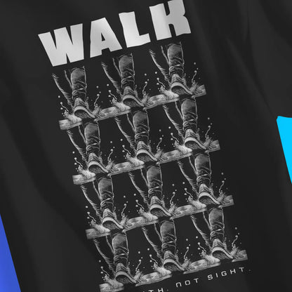 WALK By Faith. Not Sight. | Premium Unisex Christian T-Shirt, laid flat, designed by 3rd Day Christian Clothing UK