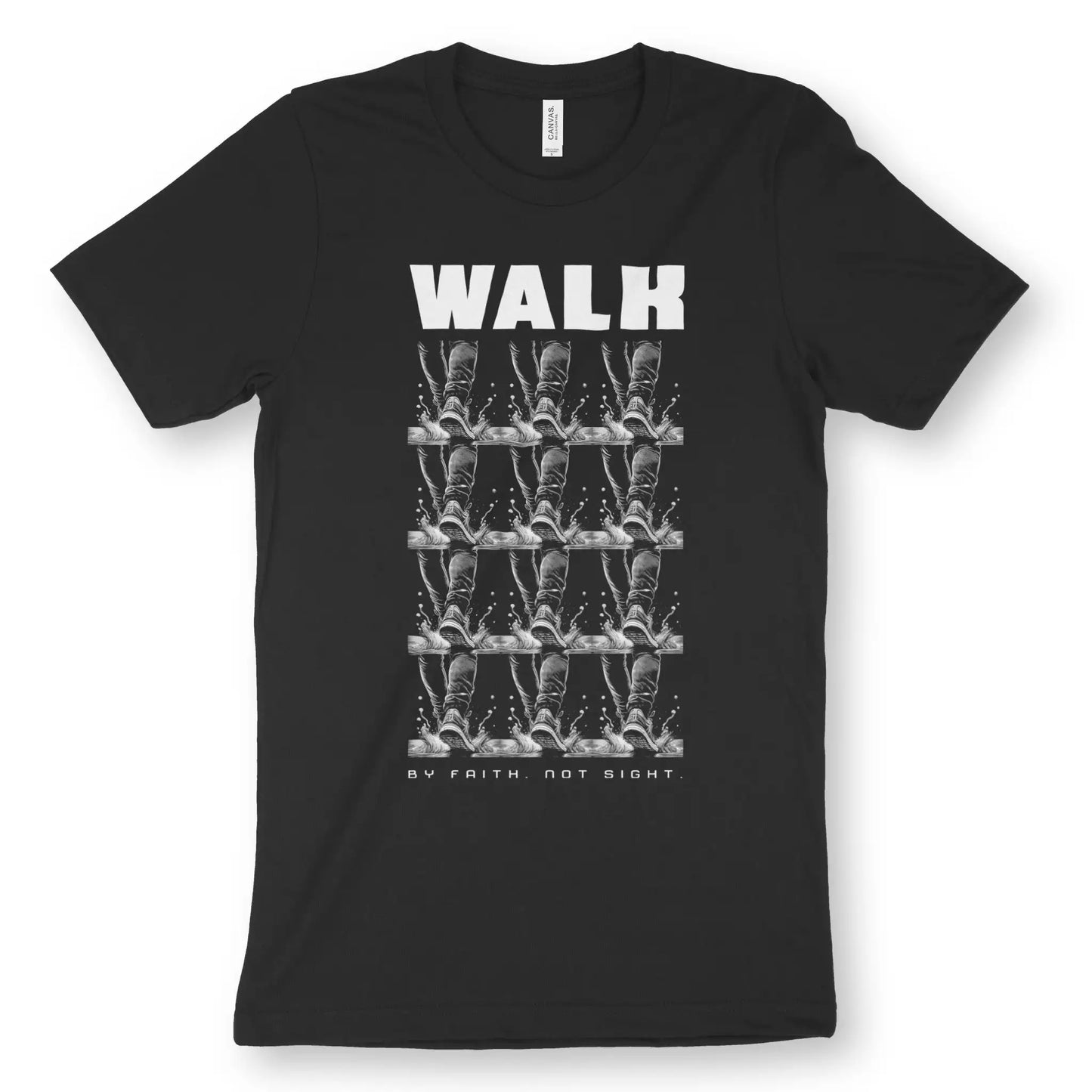 WALK By Faith. Not Sight. | Premium Unisex Christian T-Shirt, laid flat, designed by 3rd Day Christian Clothing UK