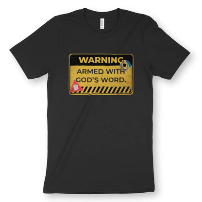 WARNING: Armed With God's Word | Premium Unisex Christian T-Shirt, laid flat, designed by 3rd Day Christian Clothing UK