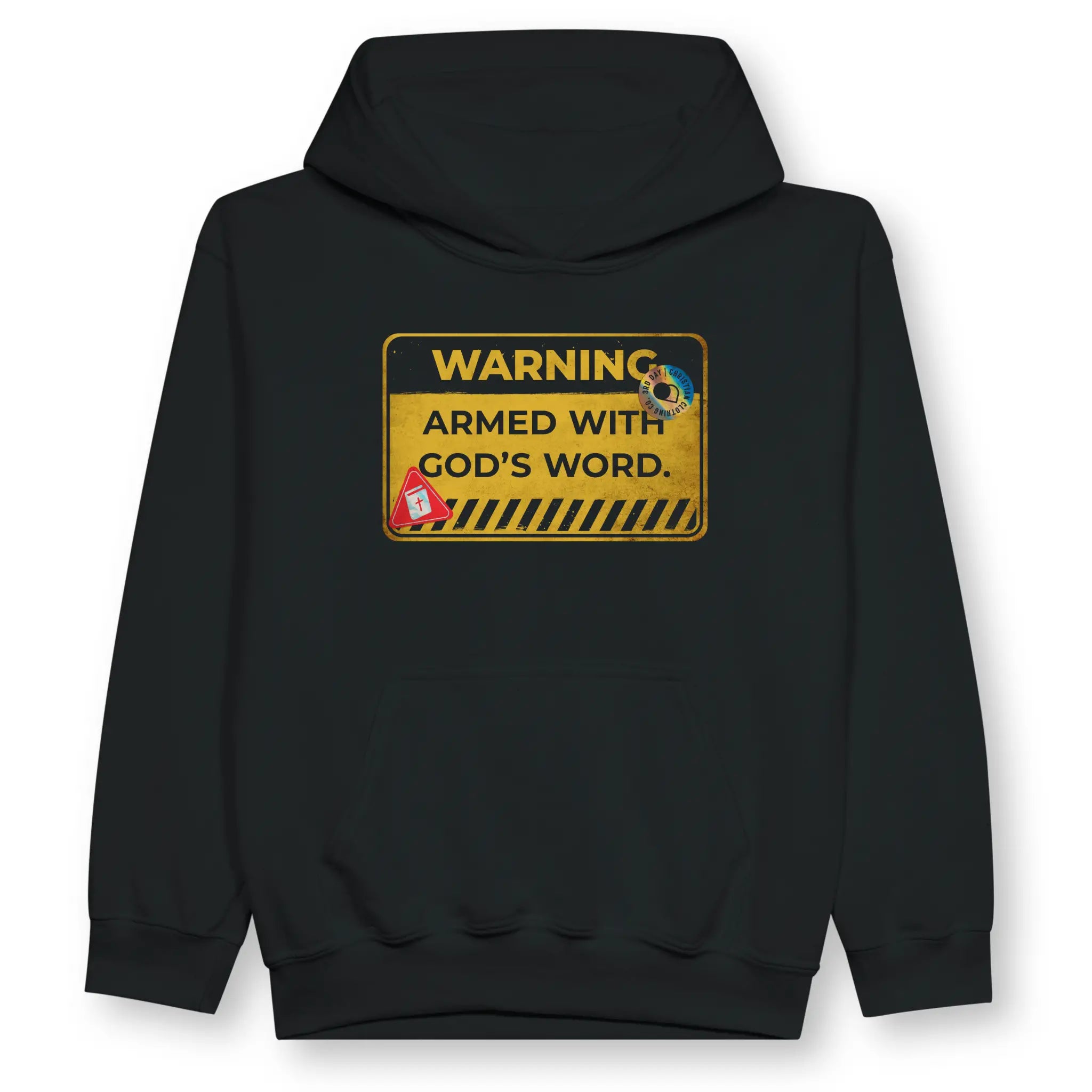 WARNING: Armed With God's Word – Kids' Christian Hoodie designed by 3rd Day Christian Clothing.