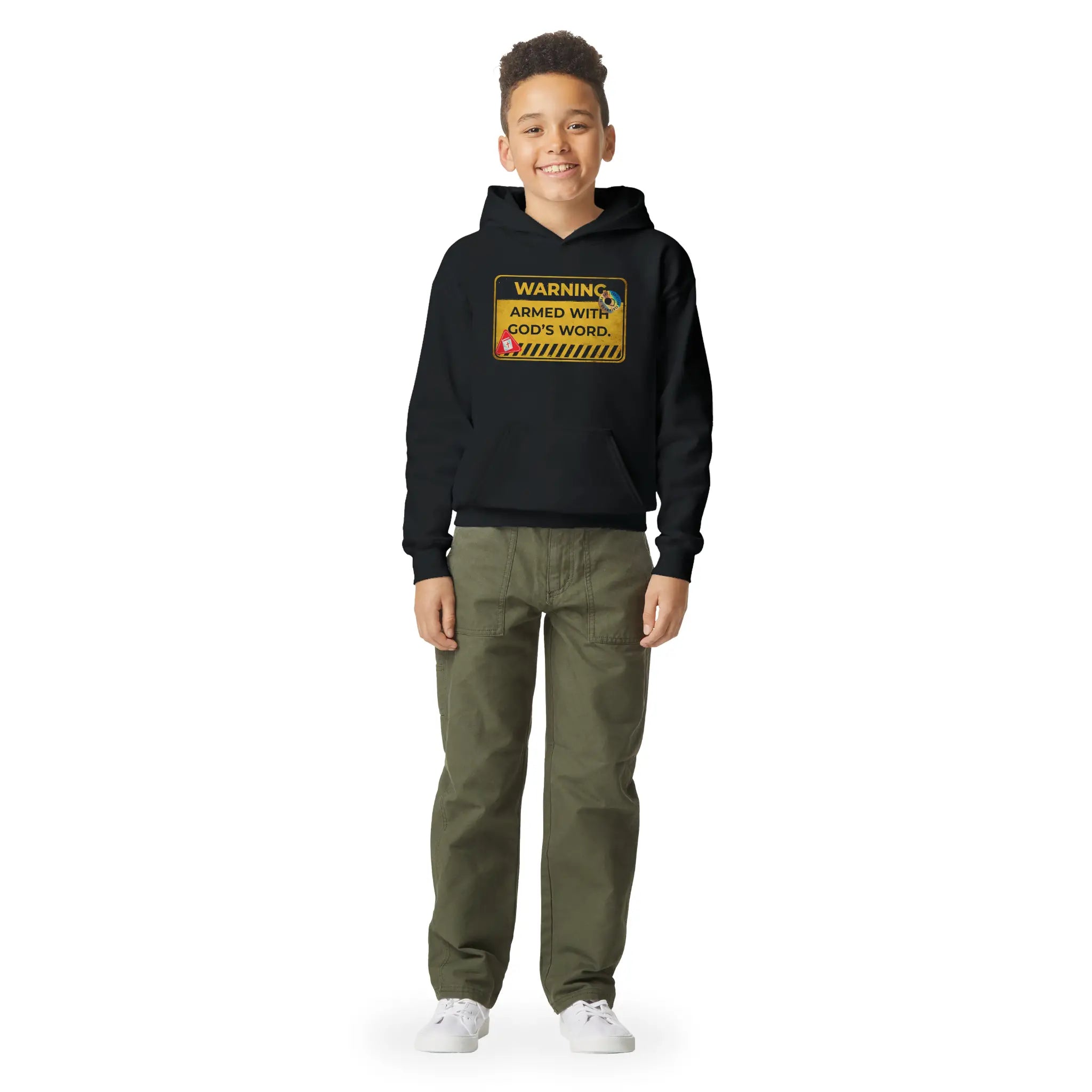 WARNING: Armed With God's Word – Kids' Christian Hoodie designed by 3rd Day Christian Clothing.