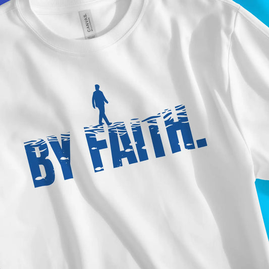 (Walk) By Faith 2.0 | Premium Unisex Christian T-Shirt, laid flat, designed by 3rd Day Christian Clothing UK