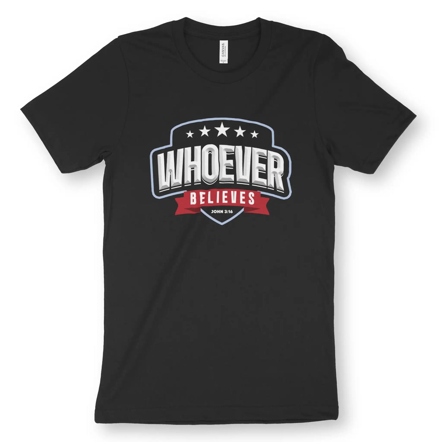 Whoever Believes (Team Logo) | Premium Unisex Christian T-Shirt, laid flat, designed by 3rd Day Christian Clothing UK