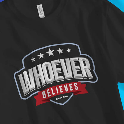 Whoever Believes (Team Logo) | Premium Unisex Christian T-Shirt, laid flat, designed by 3rd Day Christian Clothing UK