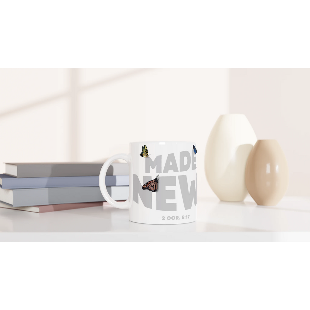 Made New – Christian Mug (With Bible Verse) designed by 3rd Day Christian Clothing.