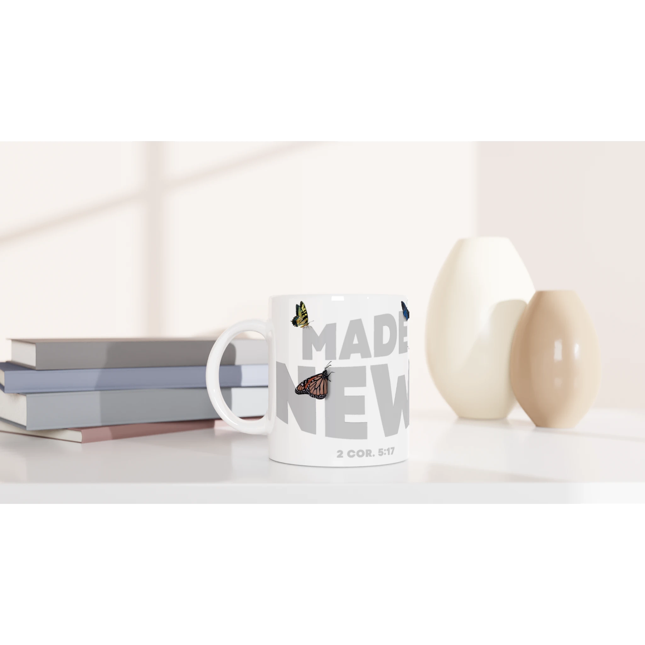Made New – Christian Mug (With Bible Verse) designed by 3rd Day Christian Clothing.