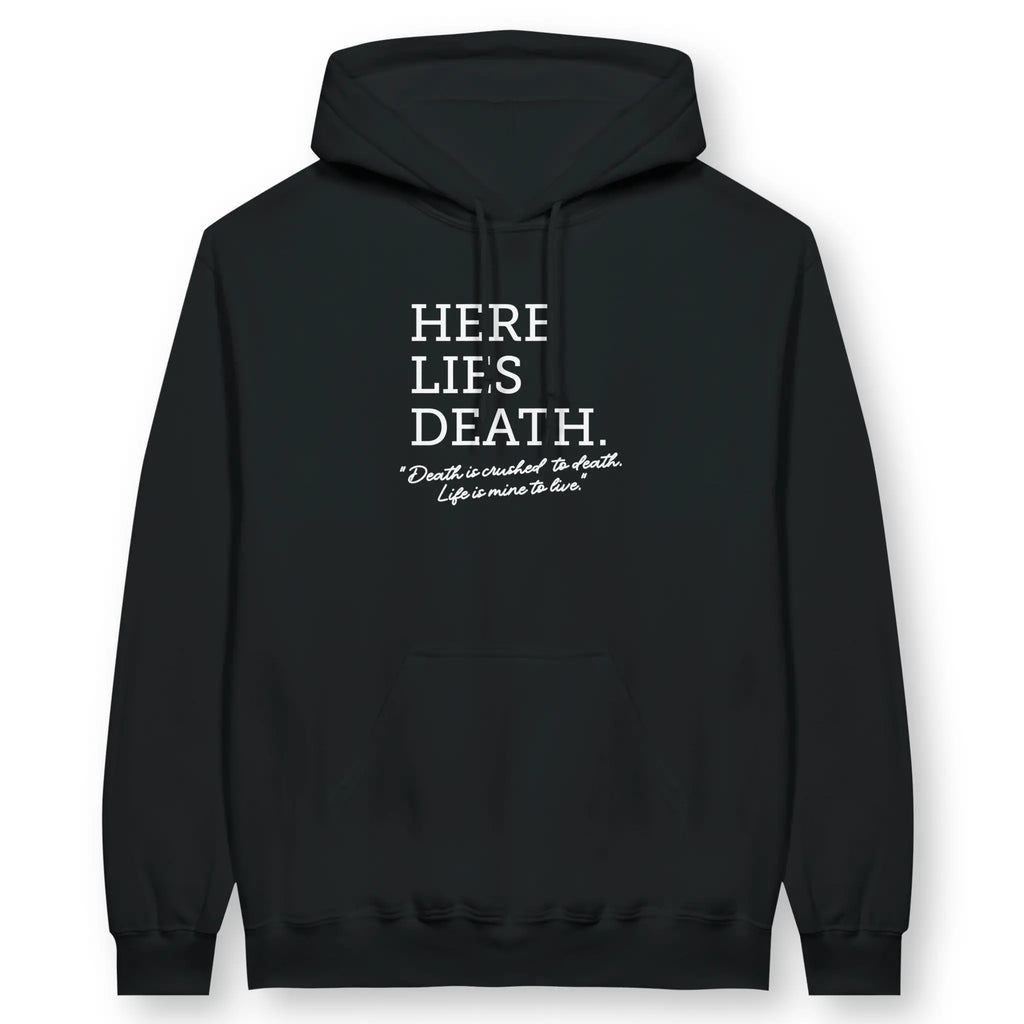 HERE LIES DEATH – Unisex Christian Hoodie designed by 3rd Day Christian Clothing.