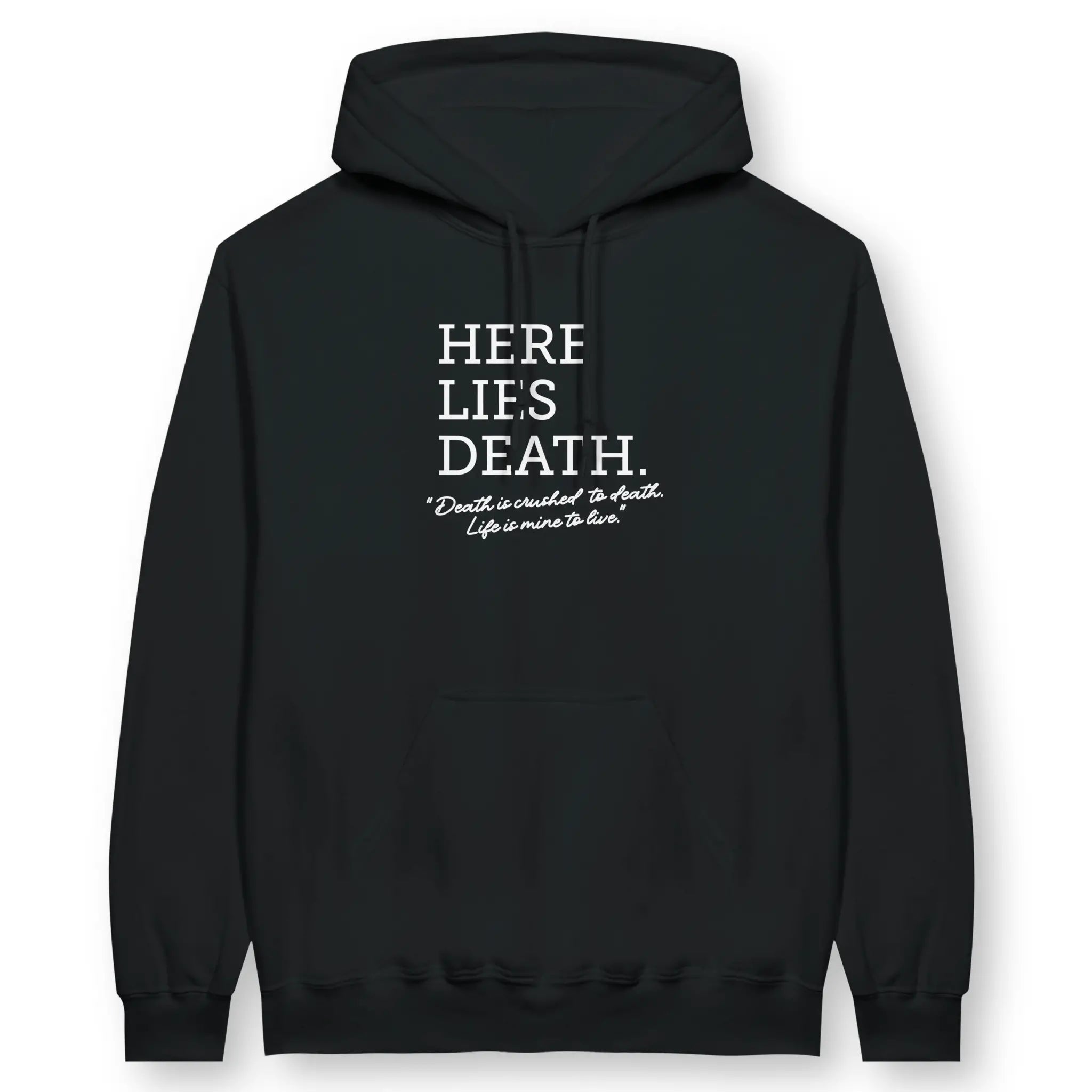HERE LIES DEATH – Unisex Christian Hoodie designed by 3rd Day Christian Clothing.