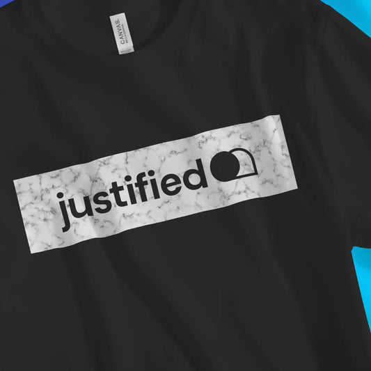 An image of justified (White Marble Look) | Premium Unisex Christian T-shirt available at 3rd Day Christian Clothing UK