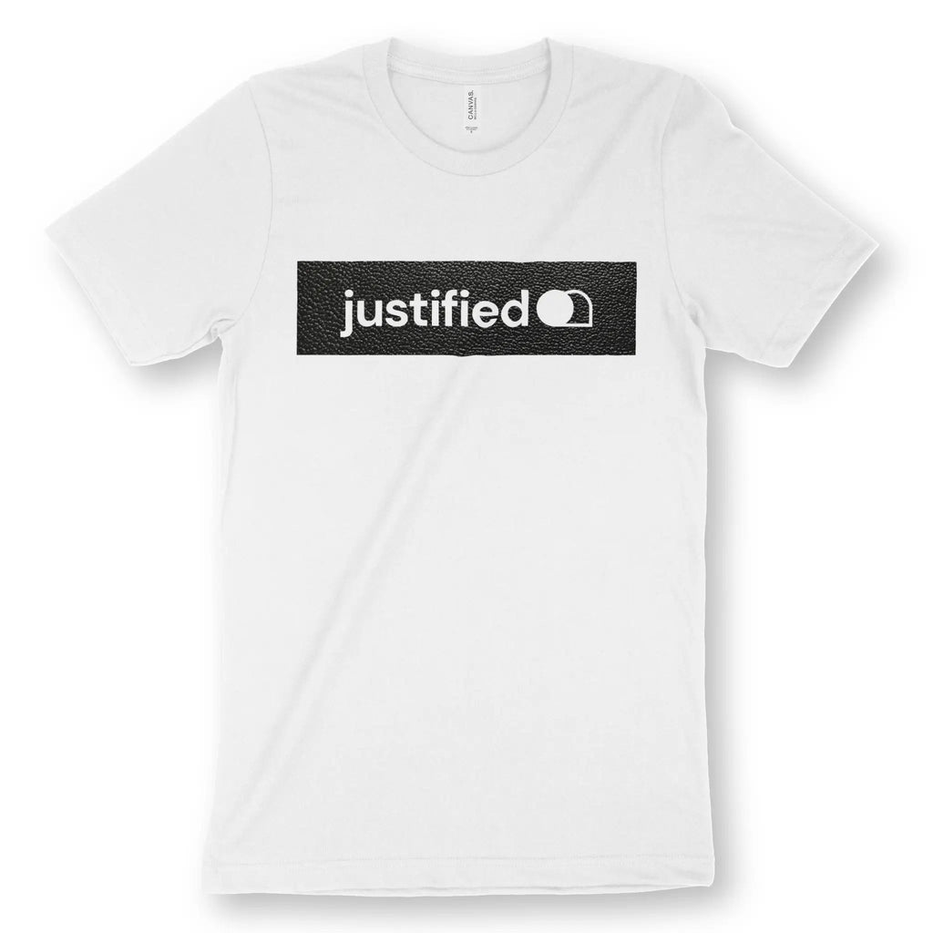 justified (Black Leather Look) – Unisex Christian T-Shirt designed by 3rd Day Christian Clothing.