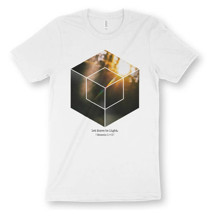 let there be light. (Genesis 1 v 3) | Premium Unisex Christian T-Shirt, laid flat, designed by 3rd Day Christian Clothing UK